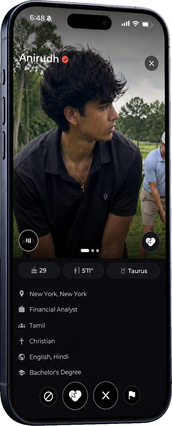 Saath profile screen showing a member’s background and preferences