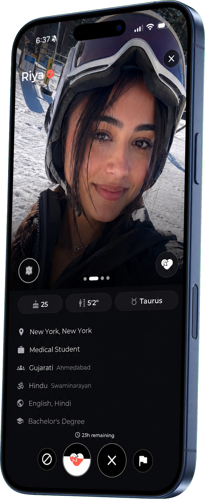Saath profile screen showing a member’s background and preferences